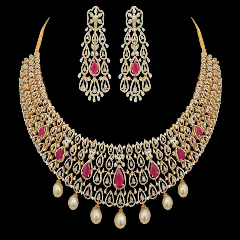 South-Indian Style Multi-purpose Necklace  Earrings Set made of Gold, Diamond, and Pearls  Rubies