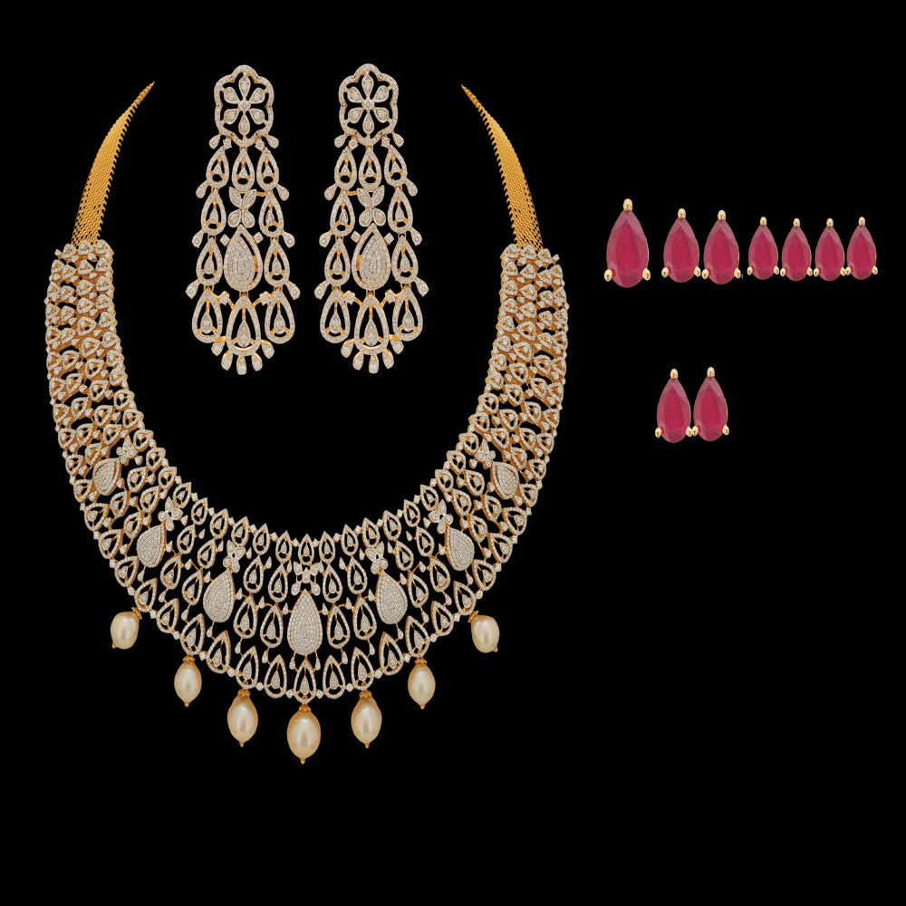 South-Indian Style Multi-purpose Necklace  Earrings Set made of Gold, Diamond, and Pearls  Rubies