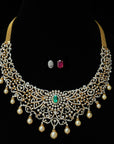 Diamond Necklace with changeable Natural Emeralds/Rubies and Pearl drops