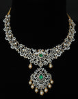 3-in-1 Diamond Necklace and Pendant with changebale Natural Emeralds/Rubies and Pearl Drops