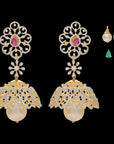 2-in-1 natural ruby/emerald and diamond earrings with pearl drops