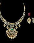 Necklace (Haaram) and Earrings (Chandbalis) Set with Detachable Pendant and Interchangeable Emeralds and Rubies