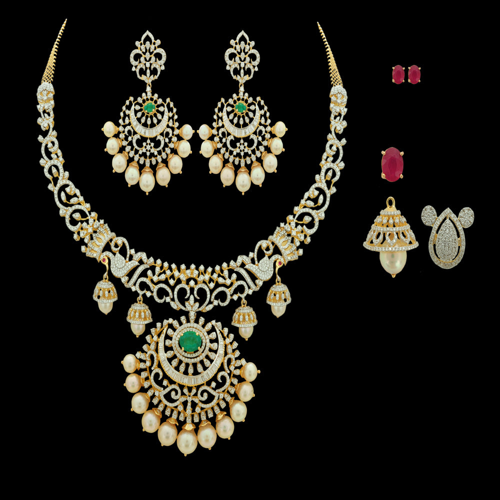 Necklace (Haaram) and Earrings (Chandbalis) Set with Detachable Pendant and Interchangeable Emeralds and Rubies