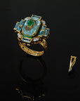 Diamond Cocktail RIng with Natural Emeralds and Aquamarine