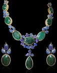 Diamond Necklace With Natural Blue Bead Sapphires And Emeralds With Earring Set