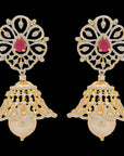 Natural Ruby/Emerald and Diamond Earrings with Pearl Drops