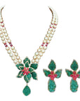 Long Pearl Emerald Diamond Necklace Earrings Set