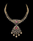 4-in-1 Natural Ruby/Emerald and Diamond Necklace and Pendant with Pearl Drops