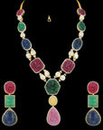 2-in-1 Natural Carved Ganesh Emerald, Ruby, Blue Sapphire and Diamond Necklace, Pendant with Pearls and Earring Set