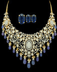 2-in-1 Round Rubies, White Sapphire, Kyanite and Tanzanite Choker Necklace and Drop Earrings Set