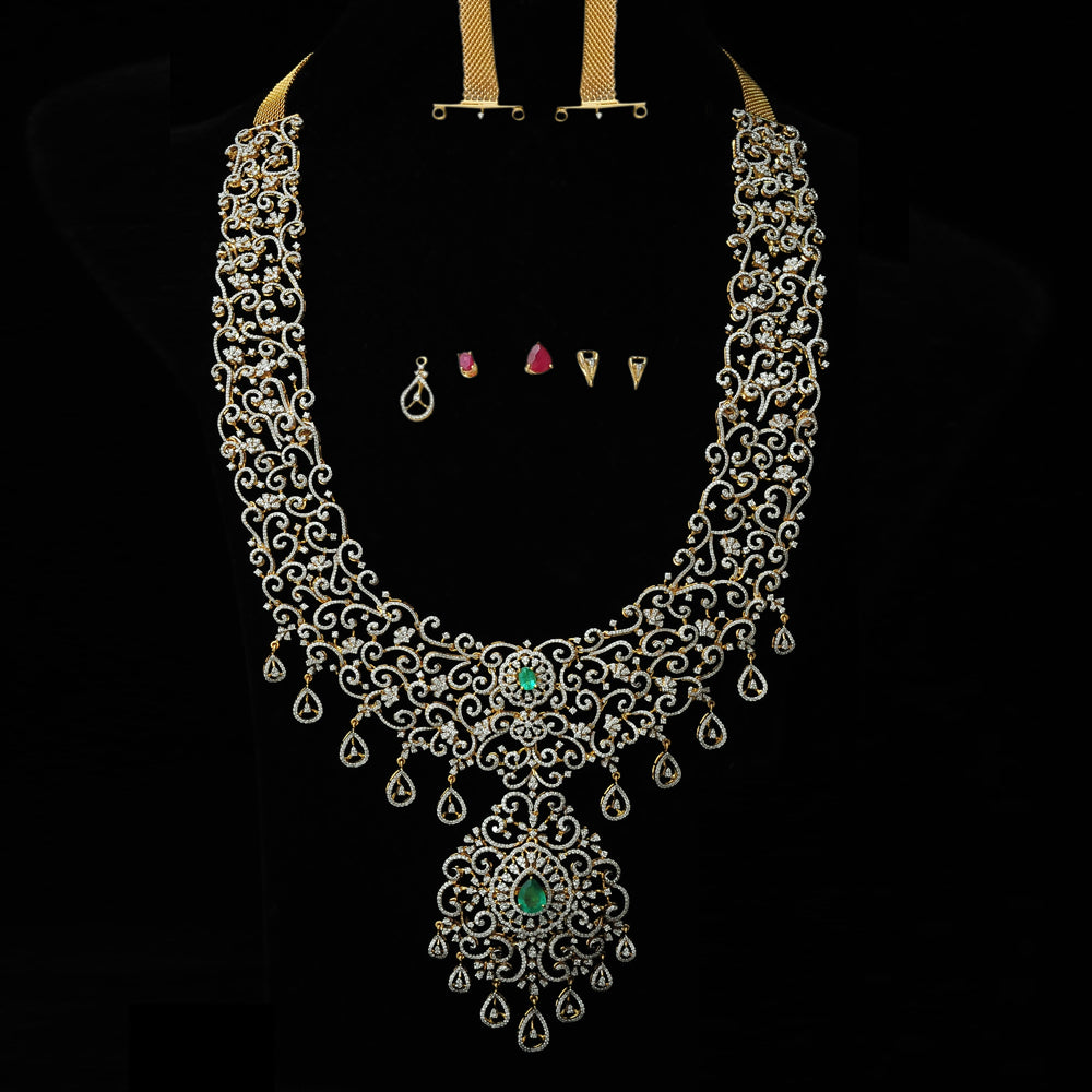 3-in-1 Bridal Diamond Necklace and Pendant with changeble Natural Emeralds/Rubies