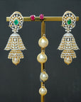 2-in-1 Traditional Design Chandelier Diamond Jhumkas with changeble Natural Emeralds/Rubies and Pearl Drops