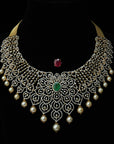 Diamond Necklace - Changeable Natural Emerald, Ruby, and Pearl drops