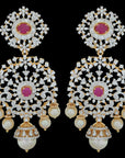 Telugu Design Diamond Earrings with Changeble Natural Rubies/Emeralds and Pearl Drops.