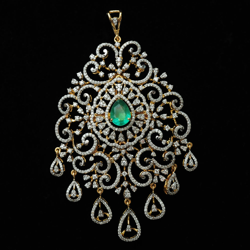 3-in-1 Bridal Diamond Necklace and Pendant with changeble Natural Emeralds/Rubies