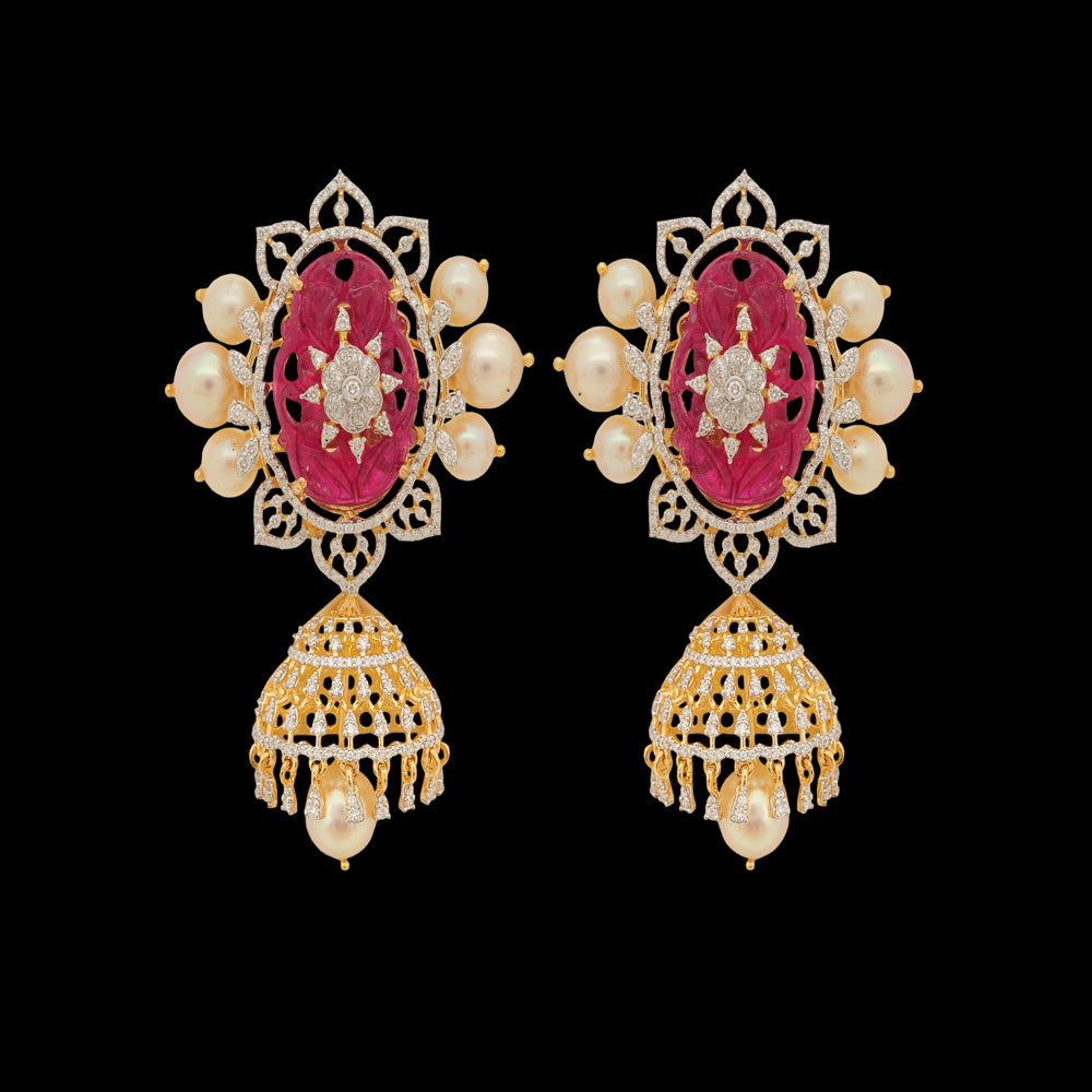 South Indian Style Ruby Necklace (Haaram) and Buta/Stud Earrings Set