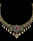 4-in-1 Natural Ruby/Emerald and Diamond Necklace and Pendant with Pearl Drops