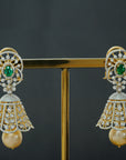 2-in-1 Traditional Design Chandelier Diamond Jhumkas with changeble Natural Emeralds/Rubies and Pearl Drops