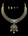 2-in-1 Natural Emerald/Ruby and Diamond Necklace and Pendant with changeable Pearl Drops