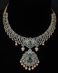 3-in-1 Diamond Necklace and Pendant with changebale Natural Emeralds/Rubies and Pearl Drops