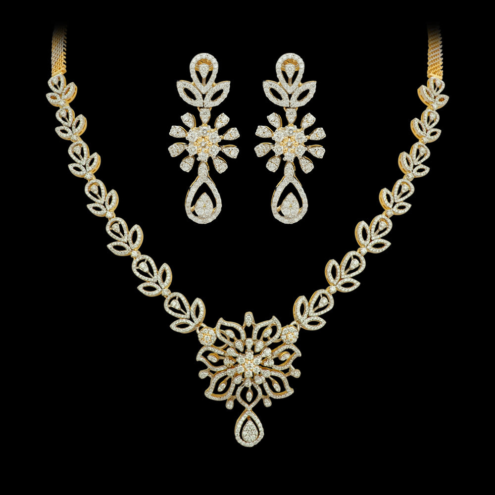 Floral Motif Diamond Necklace Earrings Set