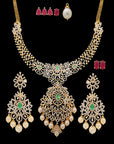 Diamond Necklace (Long Haaram) and (Chandbali/studs) Earrings Set with interchangeable Emeralds and Rubies