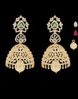 Changeable Natural Emerald/Ruby and Diamond Earrings (Jhumkas) with Pearl Drops