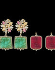 Changeable Natural Carved Emerald/Ruby and Diamond Earrings