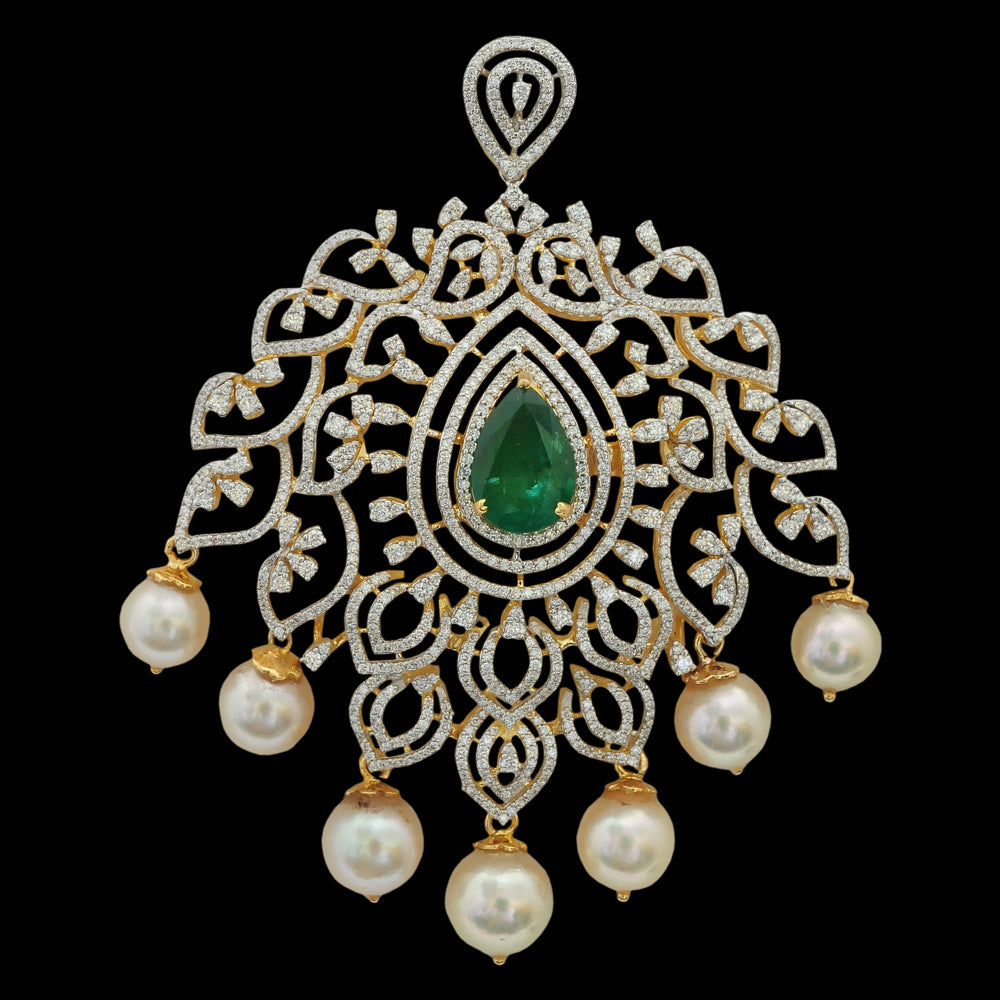 Emerald Long Haaram Diamond Necklace Set