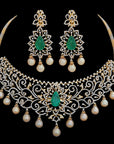 Emerald Diamond Necklace Earrings Set