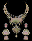 3-in-1 Diamond Necklace with Natural Carved Tourmaline and Sapphires And Earrings Set