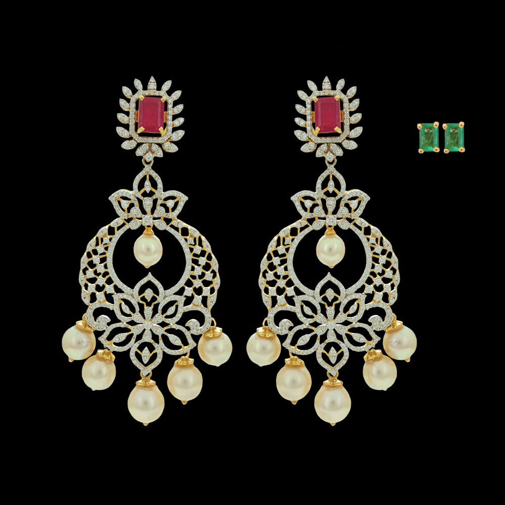 2-in-1 Choker Necklace and Chandbali Hoop Earrings Set with Detachable Pendant and Interchangeable Emeralds and Rubies