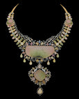 3-in-1 Diamond Necklace with Natural Carved Tourmaline and Sapphires And Earrings Set