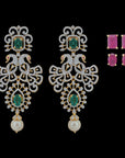 Diamond Earrings with Changeable Natural Emerald/Ruby with Pearl Drops