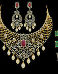 2-in-1 Choker Necklace and Chandbali Hoop Earrings Set with Detachable Pendant and Interchangeable Emeralds and Rubies