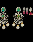 Emerald, Ruby and Diamond Studded 18K Gold Necklace and Earrings Set