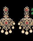 Ruby and Emerald Encrusted Earrings with Hanging Pearls