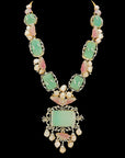 Natural Carved Emerald/Tourmaline and Diamond Haaram and Earring Set