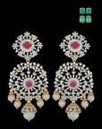 Telugu Design Diamond Earrings with Changeble Natural Rubies/Emeralds and Pearl Drops.