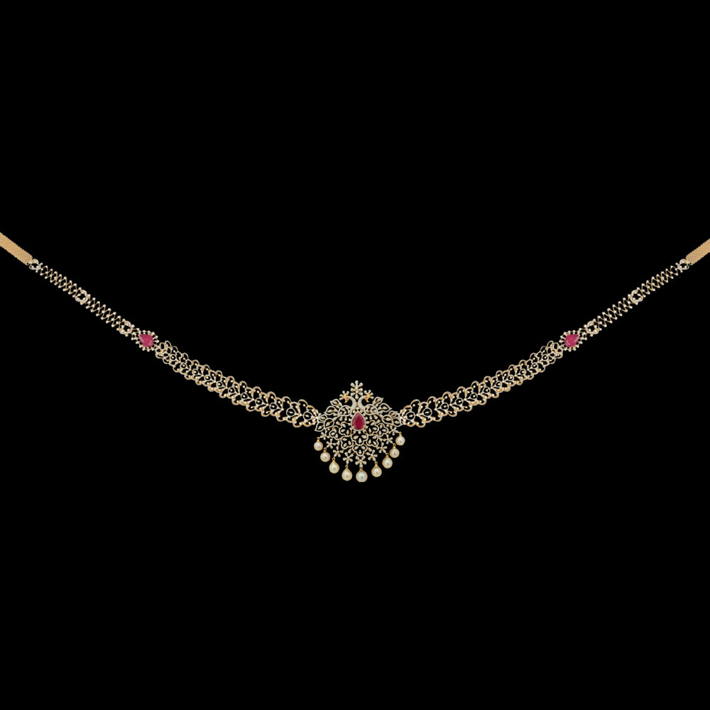 Necklace with Hanging Pearls and Encrusted Diamonds