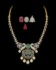 Emerald, Ruby and Diamond Studded 18K Gold Necklace and Earrings Set