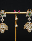 Diamond Jhumkas With Changable Natural Emeralds/Rubies and Detachable Pearl Drops.