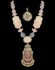 2-in-1 Natural Carved Buddha Tourmaline, Tanzanite and Diamond Haaram, Pendant and Earrings Set