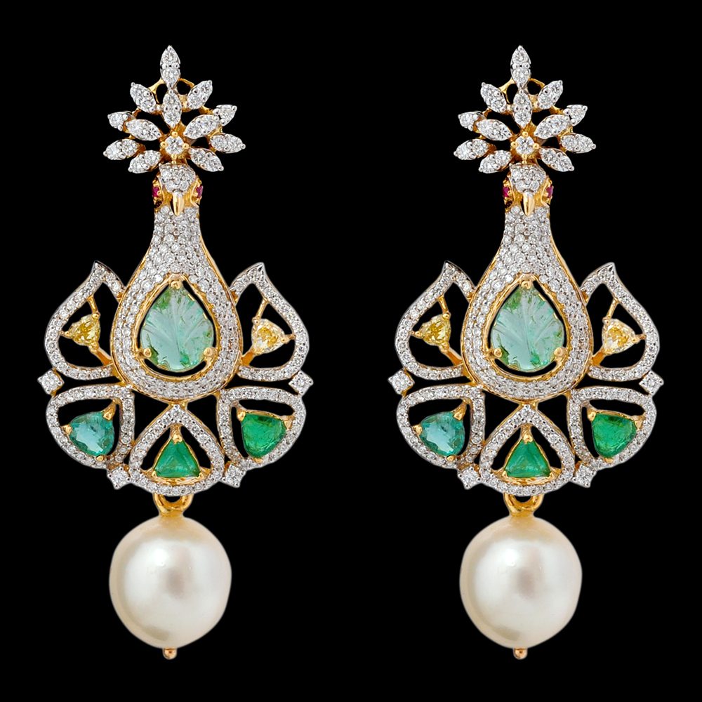 Changeable Gemstone Pearls Peacock Diamond Earrings
