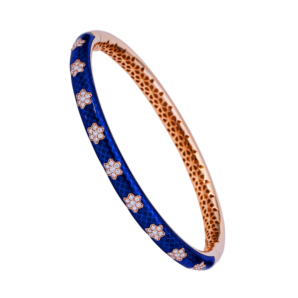 Diamond Bangle Bracelet with Blue Enamel by Maaya Fine Jewels, USA