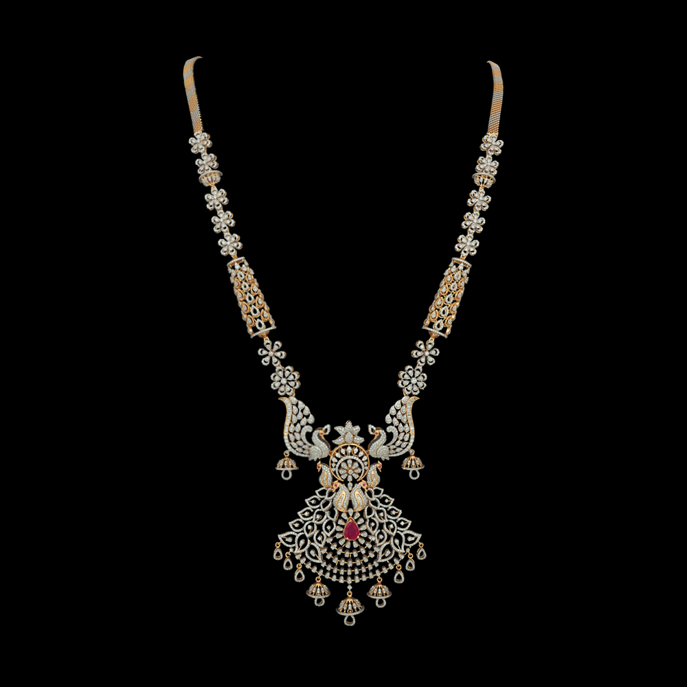 3 in 1 Long Peacock Diamond Necklace Earring Set