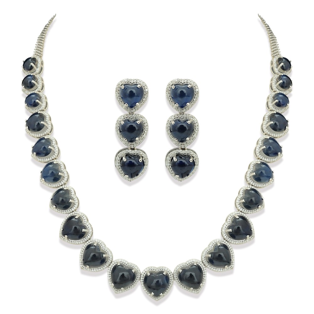Heart Blue Sapphire Diamond Necklace Earrings Set