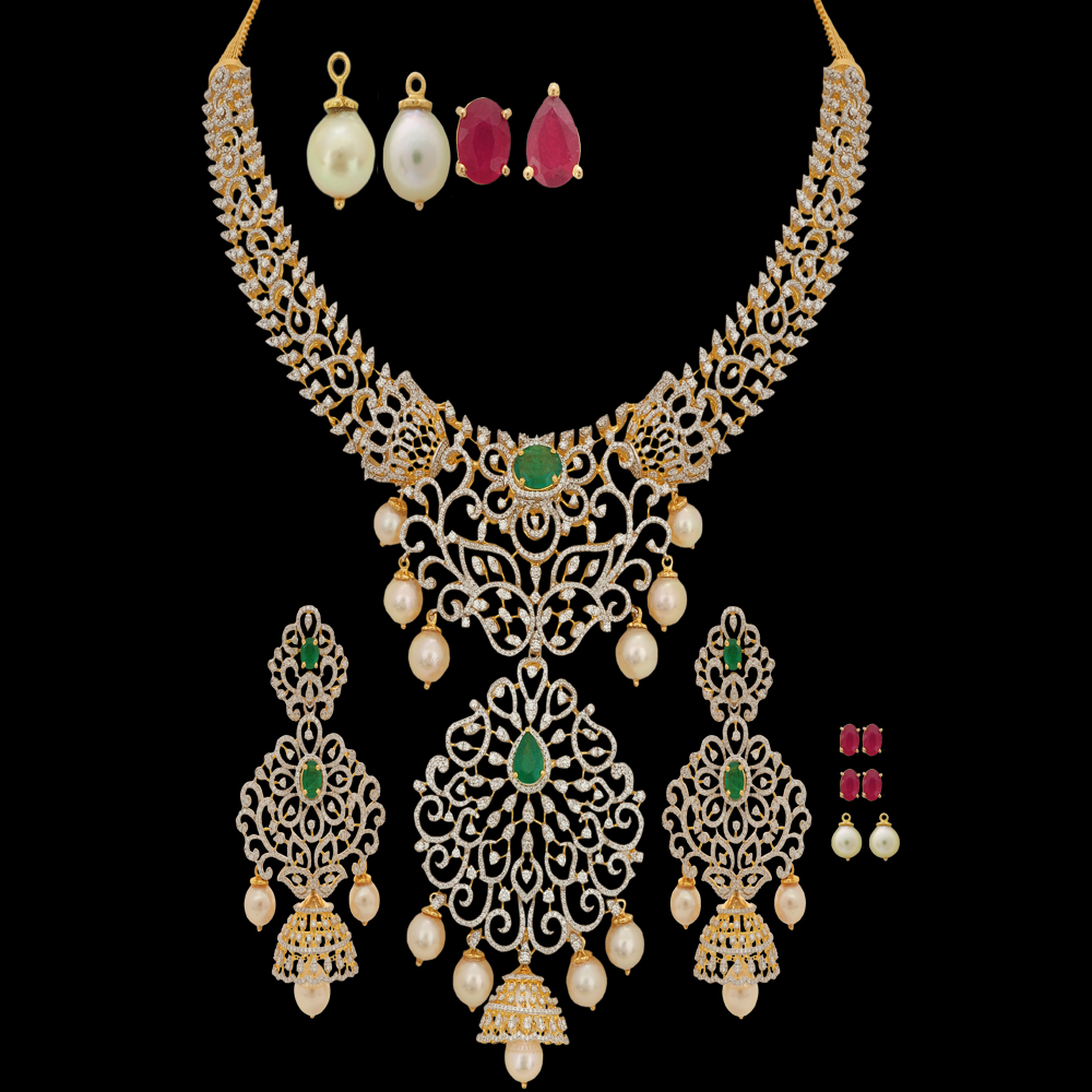 Emerald and Diamond Necklace and Earrings Set