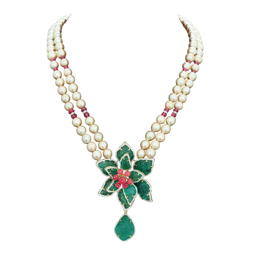 Long Pearl Emerald Diamond Necklace Earrings Set