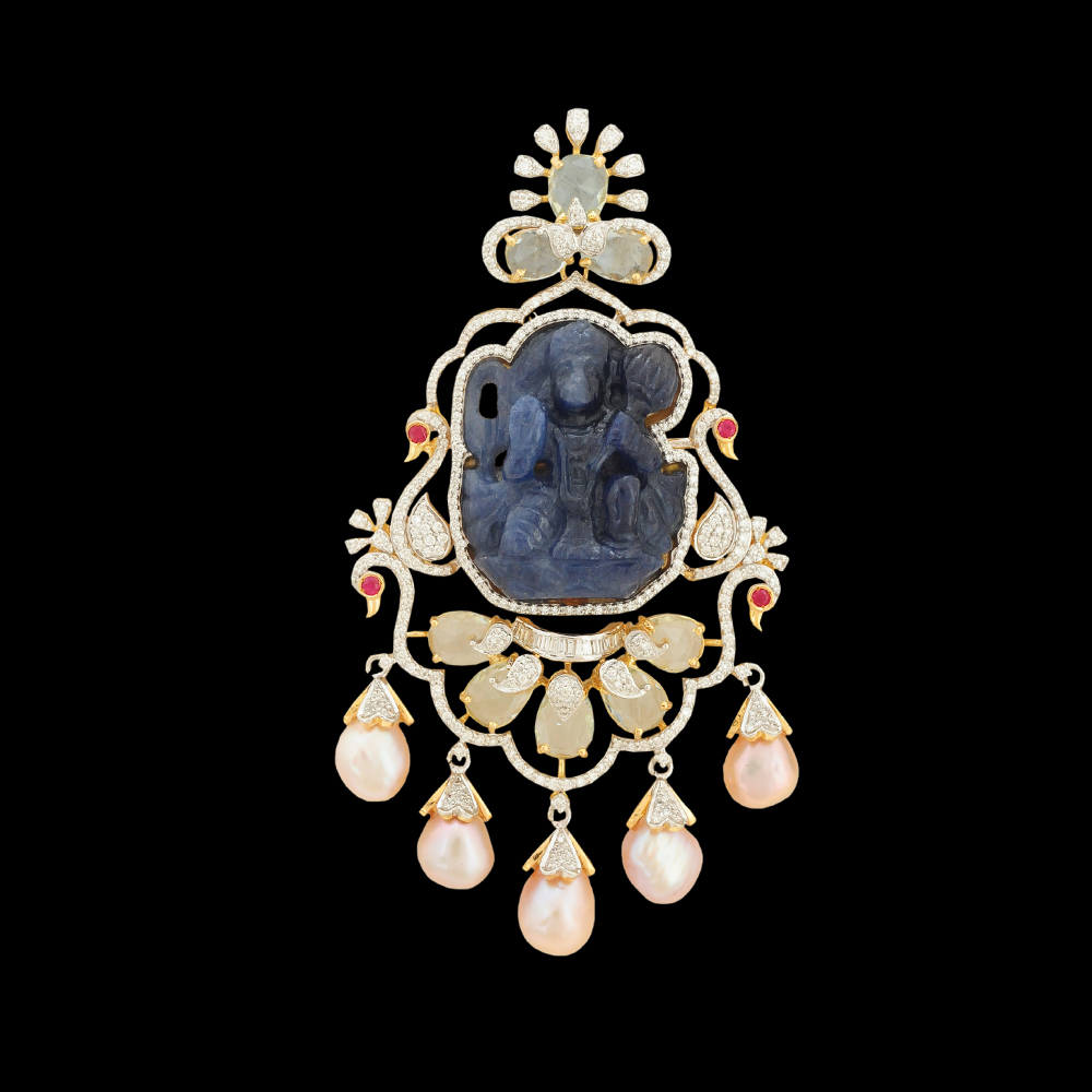 4-in-1 Changeable Natural Carved Ruby/Sapphire/Aquamarine and Diamond Pendant with Pearl Drops.